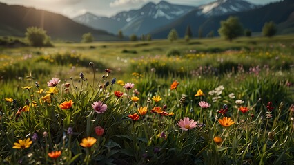 Sunny Spring Landscape with Blooming Wildflowers and Mountain Views