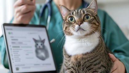 Veterinarian explaining lab results to a cat owner, digital healthcare discussion, accurate pet diagnosis, vet and owner teamwork
