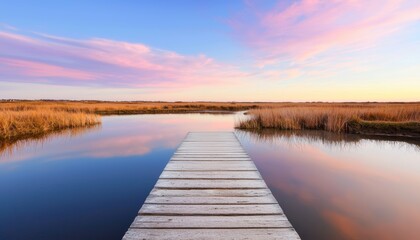 Obraz premium Scenic boardwalk leading into a serene lake, vibrant sunset skies with pink, purple, and blue hues, perfect for calming nature scenes, travel brochures, or peaceful landscapes