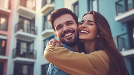 Fototapeta premium A happy couple embracing real estate investment or buying an apartment. An excited man with a smile and a woman celebrating moving into an apartment together.