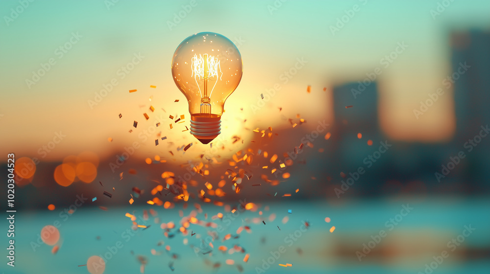 Poster glowing lightbulb floats above shimmering cityscape at sunset, surrounded by sparkling confetti. thi