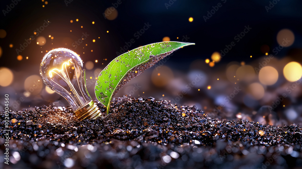 Poster lightbulb sprouting from ground like plant symbolizes innovation and growth. this unique image captu