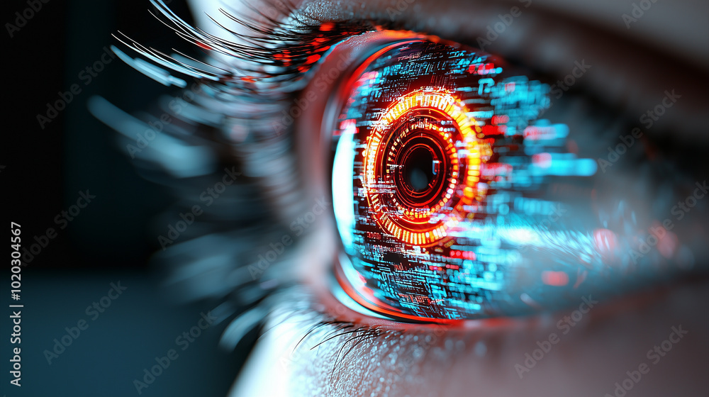 Aufkleber futuristic eye with mechanical features displays vibrant digital patterns and glowing elements, symbolizing advanced technology and data analysis