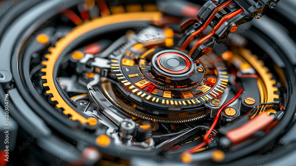 Poster Intricate mechanical gears turning inside robotic head create mesmerizing display of technology and engineering. vibrant colors and detailed design evoke sense of innovation and complexity