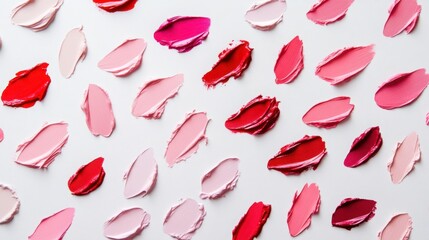 Lipstick marks scattered across a blank surface various shades and shapes forming an abstract design pattern