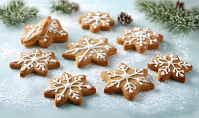 Delicately shaped gingerbread cookies in the form of snowflakes and stars, Generative AI