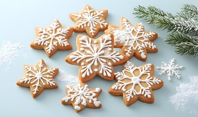 Delicately shaped gingerbread cookies in the form of snowflakes and stars, Generative AI