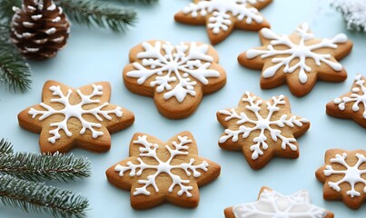Delicately shaped gingerbread cookies in the form of snowflakes and stars, Generative AI
