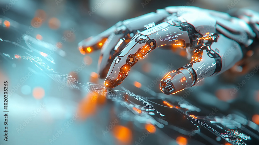 Leinwandbilder futuristic robotic hand interacts with digital interface, showcasing advanced technology and innovation. glowing elements highlight intricate design and functionality of robotic arm