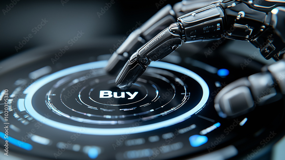 Poster robotic hand is pressing digital Buy button on futuristic touchscreen interface, symbolizing advanced technology and automation in online shopping
