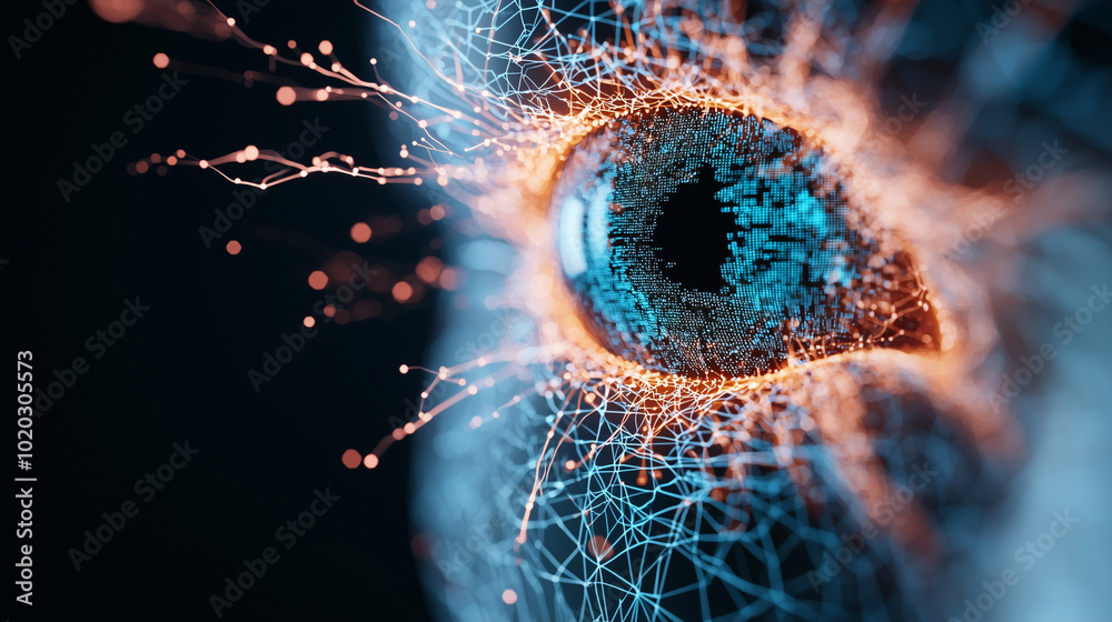 Poster close up of futuristic robotic eye, showcasing intricate patterns and glowing connections, symbolizing advanced technology and artificial intelligence. eye appears to be observing multiple data