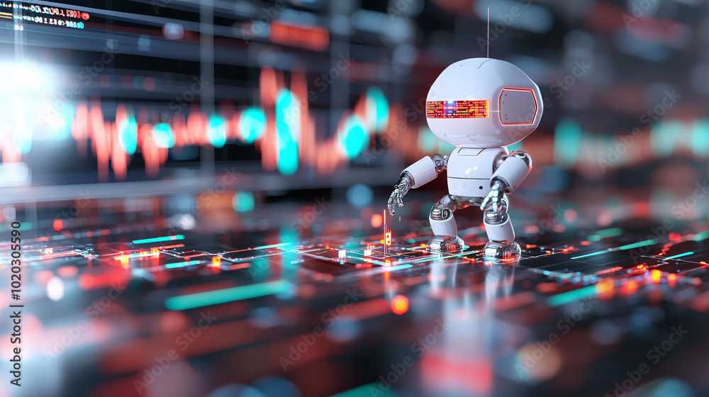 Aufkleber Creating complex blockchain structure, robot interacts with digital elements, showcasing advanced technology and innovation in futuristic environment