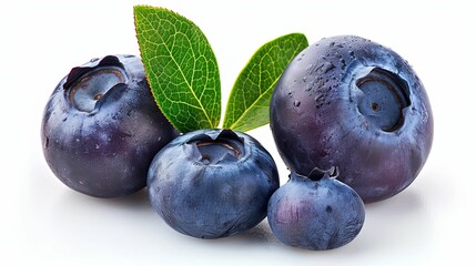Obraz premium Fresh Blueberries with Green Leaves on White Background