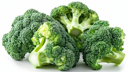 Close-up of Four Fresh Green Broccoli Florets on White Background