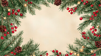 A watercolor illustration of a Christmas wreath border featuring pine branches, red berries, pine cones, and gold ornaments.