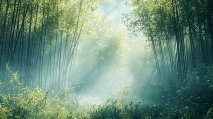 Obraz premium Sunbeams Illuminating a Misty Bamboo Forest