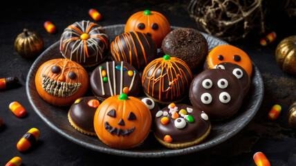 Halloween biscuits in form of pumpkins and creepy faces with eyeballs in plate on black background among candies