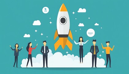 Business Team Celebrating Success With A Rocket Launching