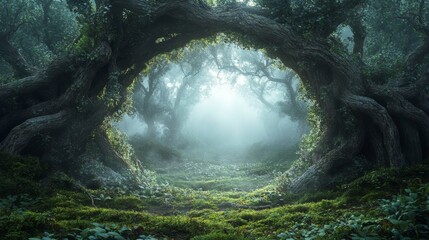 Fototapeta premium A Misty Forest Path Framed by Intertwined Tree Trunks