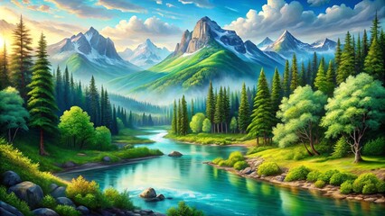 A Serene River Winding Through a Lush Forest at the Foot of Majestic Snow-Capped Mountains