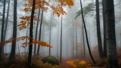 Obraz premium Misty Autumn Forest Path: Serene Nature Walk with Vibrant Foliage and Soft Fog