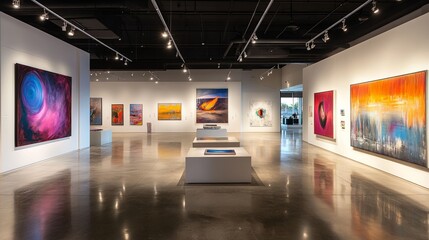 A spacious modern art gallery with vibrant contemporary artworks displayed on the walls.