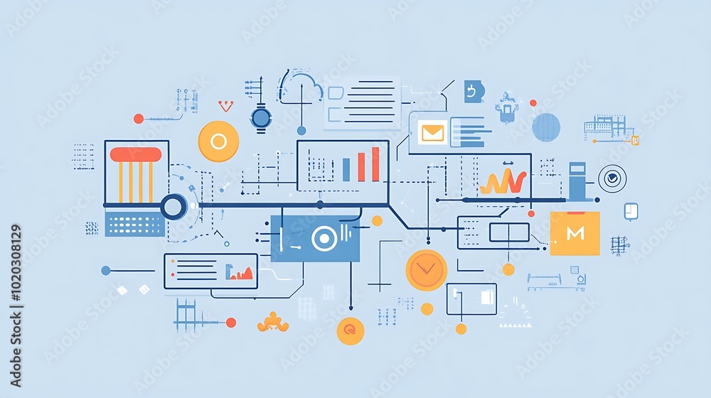 Poster abstract illustration of a connected system with various data points and symbols