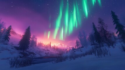 Obraz premium Lights dancing across the night sky over a serene winter landscape.