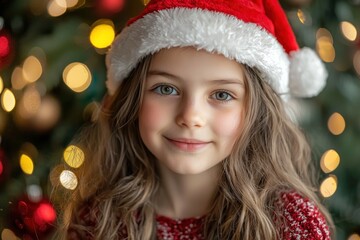 Child wearing Santa hat smiling in front of Christmas tree Generative AI