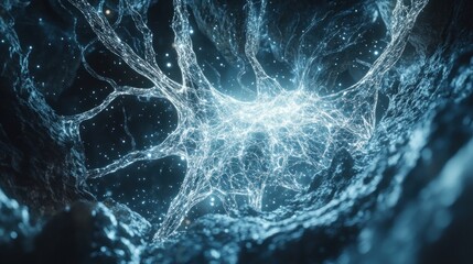 Fototapeta premium Human neurons with glowing connections between large white and blue fractal structures on a dark background. This scene is taken from the perspective of a person looking into his own brain.