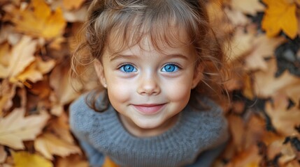 Fototapeta premium Smiling little girl with bright blue eyes surrounded by autumn leaves Generative AI