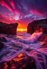 Fototapeta premium dramatic ocean waves colliding rugged cliffs during sunset, sea, spray, waterscape, landscape, seafoam, scenic, textures, reflections, boulders, coastal