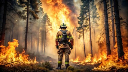 Fototapeta premium A lone firefighter stands amidst a fiery inferno, surrounded by towering trees engulfed in flames, a testament to the relentless battle against nature's fury.