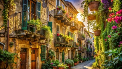 Fototapeta premium Sunlight Filtering Through a Picturesque Alleyway, Casting Golden Hues on Buildings Adorned With Vibrant Flowers and Lush Greenery
