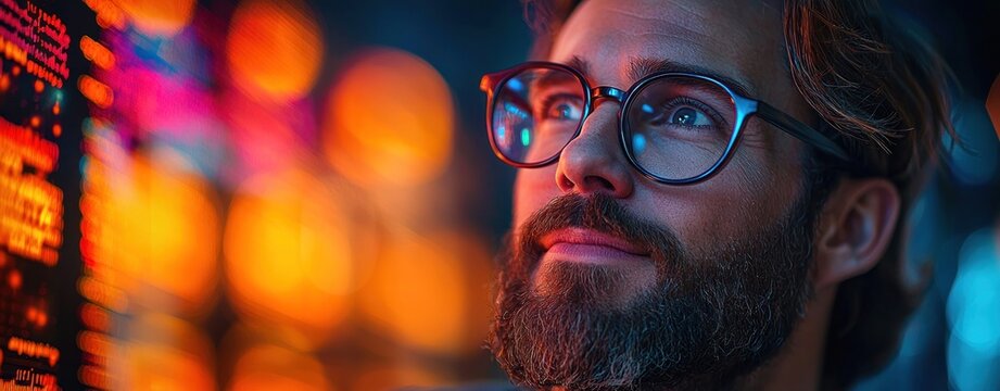 Focused man with glasses looking at vibrant code on screen in a dimly lit room Generative AI