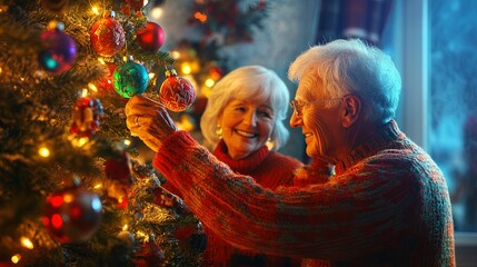 A picturesque image of an elderly couple decorating their Christmas tree with handmade ornaments and twinkling
