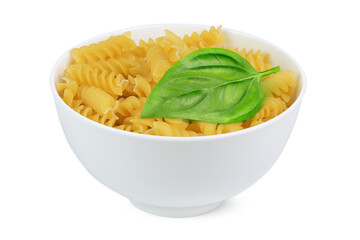 pasta with basil leaf in bowl on isolated white background