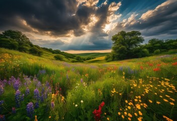 Obraz premium expansive vibrant fields lush colorful wildflowers dramatic cloudy skies creating timeless natural beauty, greenery, clouds, colors, nature, landscape