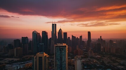 Fototapeta premium Serene Evening: A Breathtaking City Skyline Against a Pink and Orange Sky