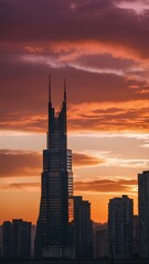 Fototapeta premium Serene Evening: A Breathtaking City Skyline Against a Pink and Orange Sky