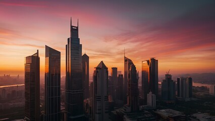 Fototapeta premium Serene Evening: A Breathtaking City Skyline Against a Pink and Orange Sky