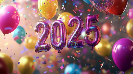 Bold numbers "2025" crafted from colorful confetti and balloons