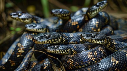 Fototapeta premium A group of black snakes are curled up together