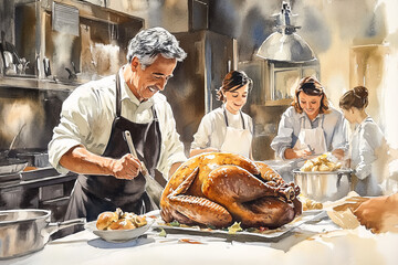 Preparing Thanksgiving Dinner.  Generated image.  A digital illustration of a watercolor scene of a bustling kitchen, filled with the aroma of roast turkey and the sound of laughter.