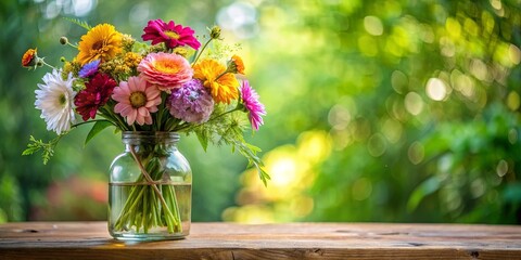A vibrant bouquet of colorful flowers arranged in a glass jar, resting on a weathered wooden surface with a soft, blurred backdrop of verdant foliage and shimmering sunlight.