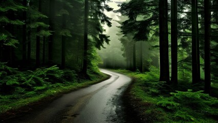 Fototapeta premium Misty Winding Road Through Evergreen Forest