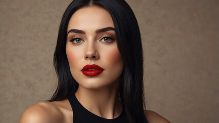 Portrait of a stylish woman wearing bold red lipstick, exuding confidence and sophistication against a soft backdrop.