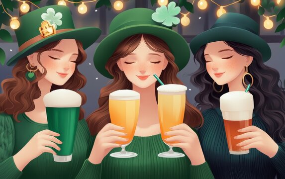 Three women in green festive attire holding colorful drinks, celebrating in a vibrant pub with fairy lights, joyful expressions, St Patricks Day, festive celebration
