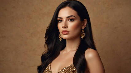 Sophisticated woman with dark wavy hair in a gold dress, representing beauty, poise, and fashion-forward elegance.
