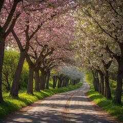 A scenic road lined with blooming trees in full springtime glory.